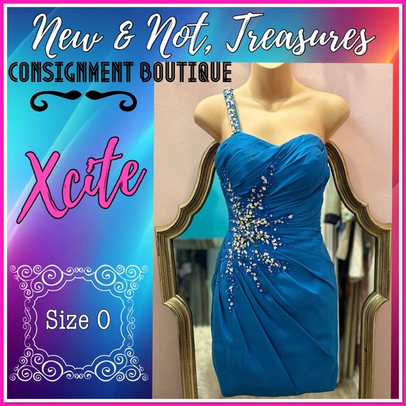 ONE SHOULDER Xcite Blue Ruched Bejeweled Short Strapless Prom Dress Size 0 - Picture 1 of 12